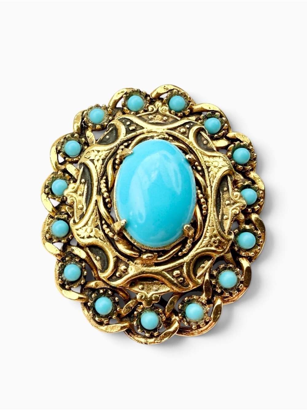 Large Vintage Ornate Goldtone Turquoise Milk Glass Cabochon Rhinestone Brooch - Picture 6 of 7